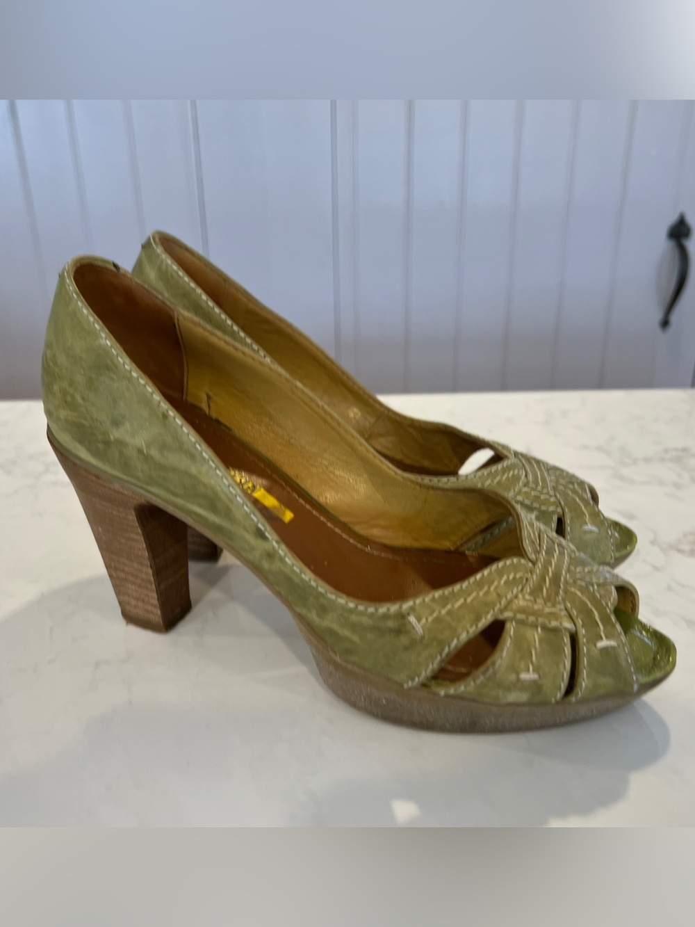 Olive Green Suede Peep-Toe Block Heel Pumps, Manas Design, 37